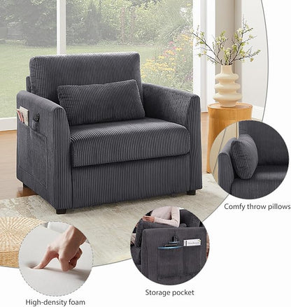 Modern Corduroy Accent Chairs, 38" W Comfy Armchair with Soft Pillows and Side Pockets, Single Reading Chairs for Living Room, Bedroom, Apartment, Grey