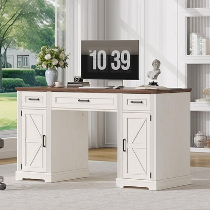 ONBRILL 55 inch Farmhouse Executive Desk with Drawers, Home Office Desk with File Cabinet, Outlets, Storage Cabinet, Keyboard Tray, Wood Computer Desk for Work Study Writing, Off White & Walnut
