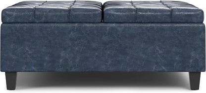 SIMPLIHOME Harrison 40 inch Wide Transitional Square Large Coffee Table Storage Ottoman in Denim Blue Vegan Faux Leather, Assembled, for The Living Room and Bedroom