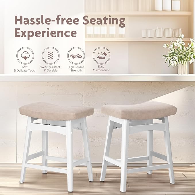 ALPHA HOME Bar Stools Set of 3, Solid Wood Saddle Kitchen Stools with Grey PU Leather Cushion Counter Height Barstools with Wooden Base for Kitchen Dining Cafe, 24 Inch, 3PCS