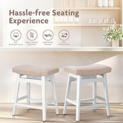 ALPHA HOME Bar Stools Set of 3, Solid Wood Saddle Kitchen Stools with Grey PU Leather Cushion Counter Height Barstools with Wooden Base for Kitchen Dining Cafe, 24 Inch, 3PCS