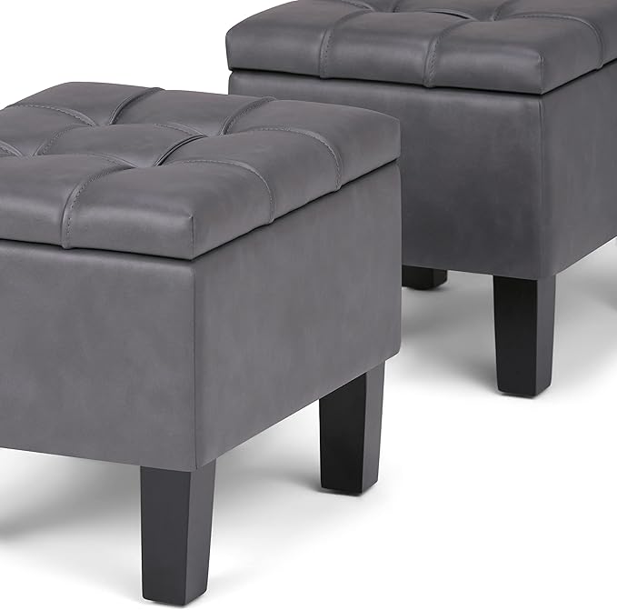 SIMPLIHOME Dover 44 inch Wide Contemporary Rectangle 3 Pc Storage Ottoman in Stone Grey Vegan Faux Leather, Assembled, for the Living Room, Entryway and Family Room
