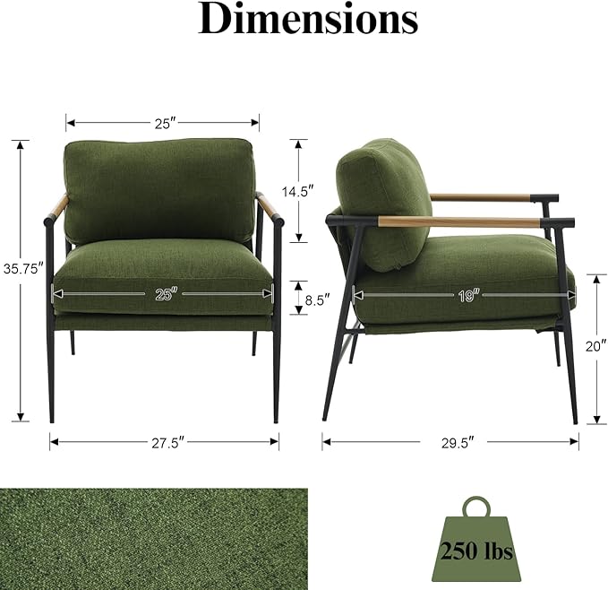 Mid-Century Accent Chair, Soft Armchair Linen Fabric Lounge Chair with Black Metal Legs, Upholstered Leisure Chair for Living Room Reception Room, 1PC, Green