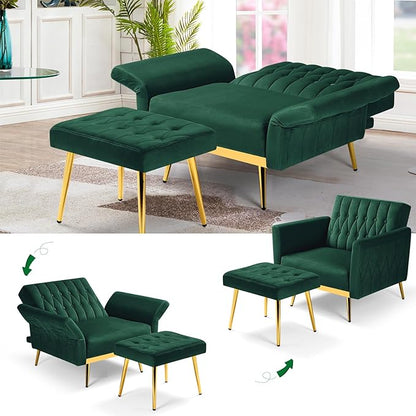 Velvet Accent Chair with Adjustable Armrests and Backrest, Button Tufted Lounge Chair, Single Recliner Armchair with Ottoman and Pillow for Living Room, Bedroom, Green