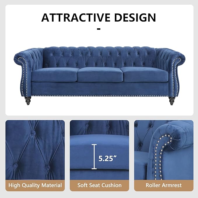 2 Piece Living Room Sofa Set, 3 Seater Velvet Sofa Couch and Chair Set, Mid Century Modern Upholstered Couch with Cushions, Comfy Tufted Chesterfield Couches for Living Room, Bedroom, Office