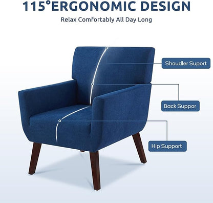 Upholstered Accent Chair,Mid Century Modern Office Fabric Small Living Room Chair with Arm,Comfy Wingback Armchair for Bedroom Reading (Blue, 2 PC)