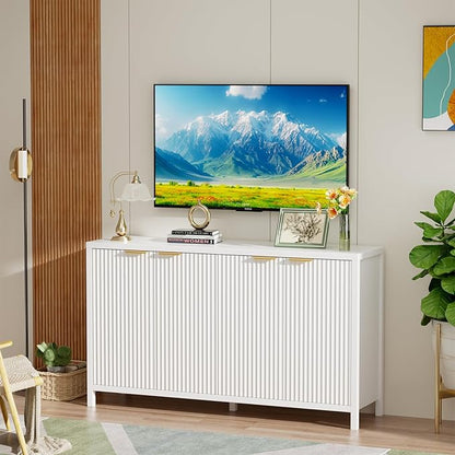 Fluted Sideboard Buffet Cabinet, 55" Large Storage Buffet Cabinet with 4 Doors and Adjustable Shelves, Modern Sideboard Console Table for Living Room,Entryway,Dinning Room,Kitchen-White