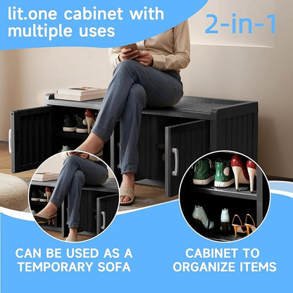 3 Doors Shoe Bench, Waterproof & UV-Resistant, Resin Shoe Cabinet Indoor & Outdoor Use, Entryway Bench with Adjustable Shelves & Hidden Storage Space for Bedroom, Hallway, Black