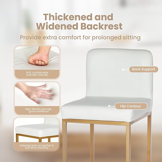 PHI VILLA Bar Stools Set of 4 - Bar Stools with Back Leather Stools for Kitchen Counter, White and Gold Counter Height Bar Stool