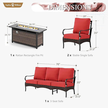 Sophia & William Patio Furniture Set with Fire Pit Table, 4 PCS Metal Outdoor Conversation Set with Fire Pit Table, 2 Sofa Chairs,3-Seater Couch for Outdoor Seating, Backyard, Porch(Red)