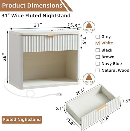 LEYAOYAO 31" Wide Fluted Nightstand with Charging Station, Oversized Extra Large 1 Drawer Night Stand with Golden Handle, White Wood Bedside Table Tall End Tables,for Bedroom, Living Room, Hallway