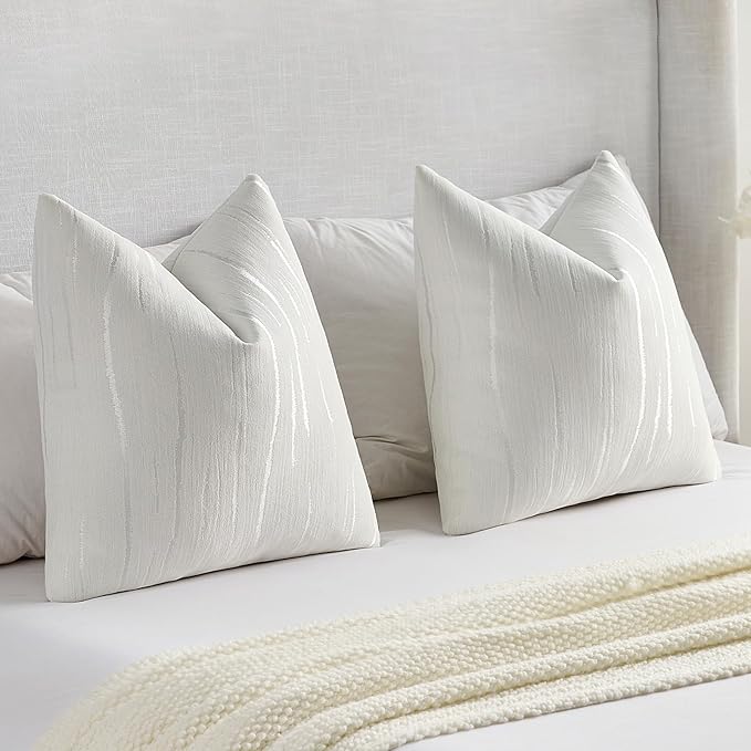 FUTEI White Chenille Decorative Throw Pillow Covers 12x20 Inch Set of 2,Soft Embossed Striped Textured Lumbar Pillow Cases,Modern Home Decor for Couch Bed Living Room