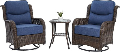 HILLGA Luxury Outdoor Swivel Rocker Patio Chairs of 2 with 6 Inch Thick Cushions and Side Table, Swivel Outdoor Chairs 3PCS High Back Wicker Patio Furniture Set for Porch, Balcony, Deck in Blue