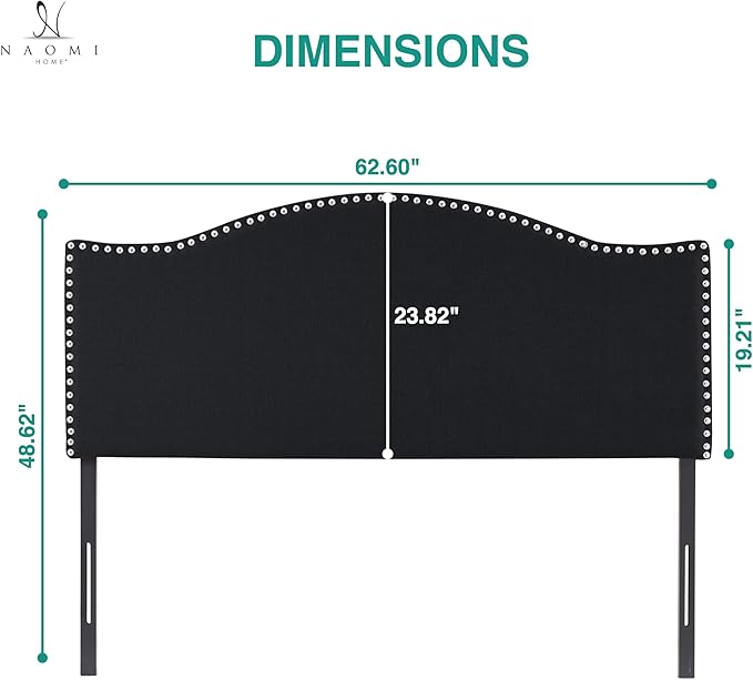 Naomi Home Catalina Queen Headboard – Upholstered Linen Tufted Panel with Nailhead Trim, Adjustable 12 Height Settings, Wall or Bed Frame Mount – Black