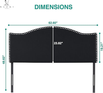 Naomi Home Catalina Queen Headboard – Upholstered Linen Tufted Panel with Nailhead Trim, Adjustable 12 Height Settings, Wall or Bed Frame Mount – Black