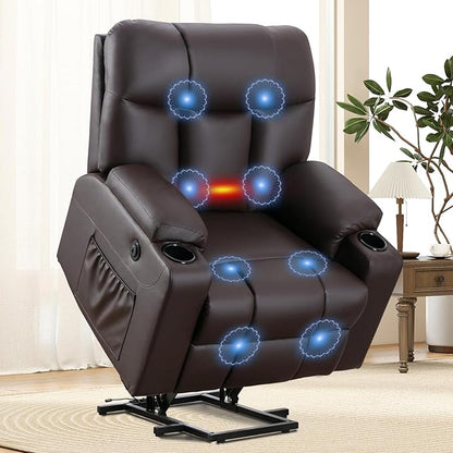 ANJ Brown Power Lift Recliner Chair for Elderly with Heat & Massage, Faux Leather Electric Recliner Sofa with Cup Holders, USB Port & Side Pockets, Heavy Duty Reclining Chair for Seniors
