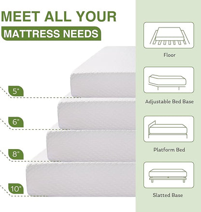 EGOHOME Twin XL Memory Foam Mattress, 6 Inch Bed Mattress in a Box with Cooling Green Tea Gel, Relieve Pressure with Medium Support, CertiPUR-US Certified, 80''L x 38''W, White