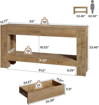 Tribesigns 63-Inch Console Table with 2 Drawers, 2-Tier Wooden Sofa Table Behind Couch, Farmhouse Entryway Console with Storage Shelf & Sturdy H-Shaped Legs for Living Room, Entrance, Hallway