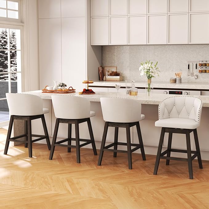 COSTWAY Counter Height Bar Stools Set of 4, Fabric Upholstered Island Stools with 360° Swivel Seat & Button-Tufted Back, Modern Pub Stools with Solid Rubber Wood Frame (Beige,4)