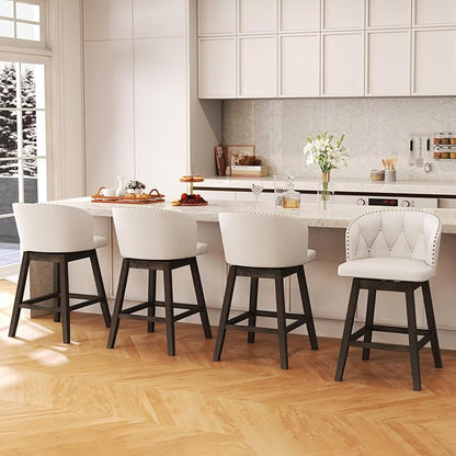 COSTWAY Counter Height Bar Stools Set of 4, Fabric Upholstered Island Stools with 360° Swivel Seat & Button-Tufted Back, Modern Pub Stools with Solid Rubber Wood Frame (Beige,4)