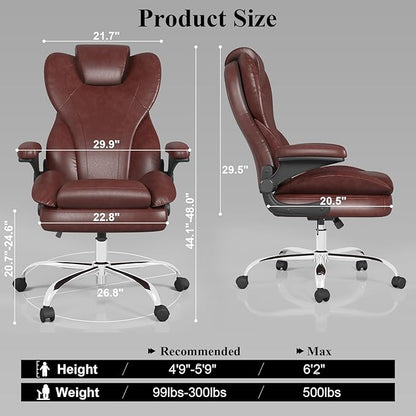Office Desk Chair, Executive Leather Office Chair, High Back Ergonomic Home Desk Chair with Padded Flip-up Arms, Big and Tall Computer Chair with Rocking Function, 360°Swivel Free, Brown