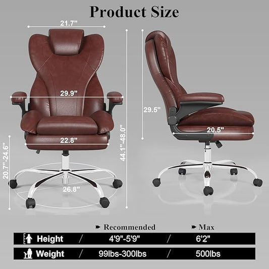 Office Desk Chair, Executive Leather Office Chair, High Back Ergonomic Home Desk Chair with Padded Flip-up Arms, Big and Tall Computer Chair with Rocking Function, 360°Swivel Free, Brown