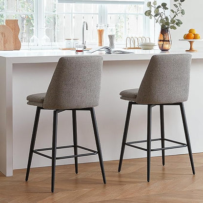 Grey Counter Height Bar Stools Set of 2, 26 Inch Seat Height with Back and Metal Legs, 360° Swivel Upholstered Fabric Swivel Bar Stools