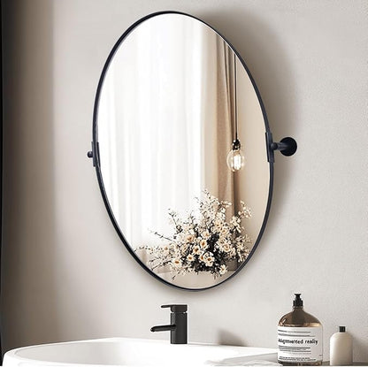 ANDY STAR Black Mirror for Bathroom, 24 x 32 Inch Oval Wall Mirror with Stainless Steel Metal Frame, Pivot Vanity Mirror Vertical Hanging for Modern Style Room