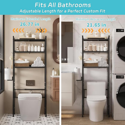 Over The Toilet Storage, 3-Tier Metal Over Toilet Bathroom Organizer Shelf with Adjustable Shelf with Toilet Paper Holder & Hooks Black
