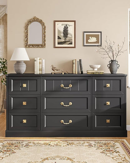 AOGLLATI Farmhouse 9 Drawers Dresser for Bedroom, 63" Wide Wood Rustic Chest of Drawers with Natural Texture, Vintage Design, Long Wide Storage Dresser for Bedroom, Black