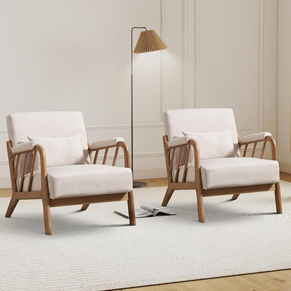 Mid Century Modern Accent Chair with Solid Wood Frame, Upholstered Living Room Chairs with Lumbar Cushion Padded Arms, Reading Armchair for Bedroom Set of 2, Linen Beige