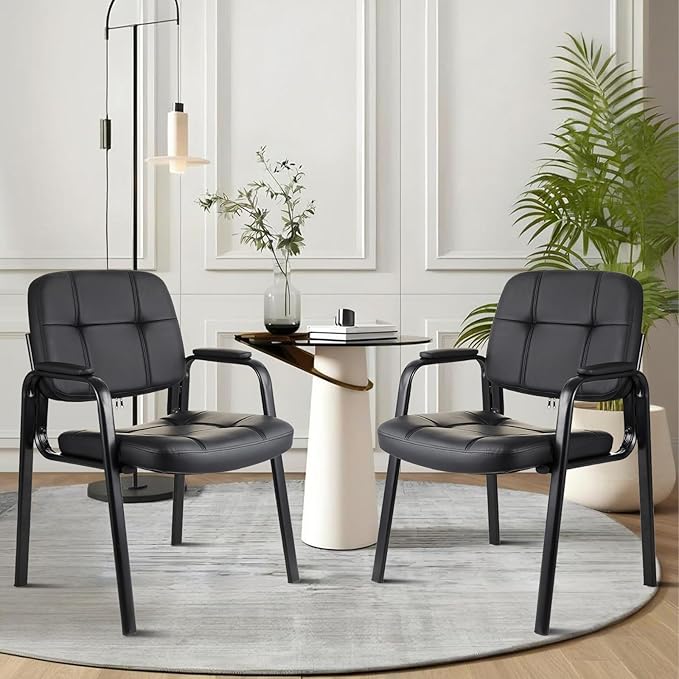 CLLATINA Waiting Room Chairs with Padded Arms Leather Guest Chair no Wheels for Office Reception and Conference Desk Black, 4 Pack