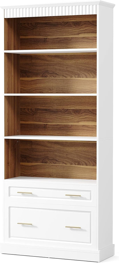 LITTLE TREE 72-Inch Tall White Bookcase, 5-Tier Wooden Open Display Bookshelf with 2 Drawers fits Letter, Legal, A4 Size, Modern Floor Standing Storage Organizer for Home Office & Living Room,Bedroom