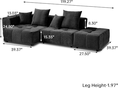 WJShome 119" L Shaped Sectional Couch,Modern Modular Sofa with Ottoman,Linen Deep Loveseat with Pillows Couches for Living Room, Bedroom and Apartment,Black