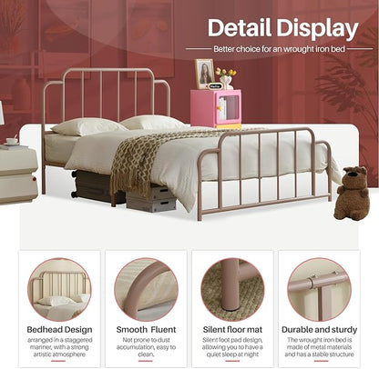 PINJU Metal Platform Bed Frame with Headboard and Footboard, Classic Style, Sturdy Metal Slats, No Box Spring Needed, Easy Installation (Pink, Queen)