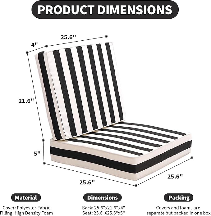 Outdoor Seat Cushions Set for Patio Furniture Deep Seating Patio Cushion Set Weather-Resistant Thick Cushions 25.6" W x 25.6" D x 5”T,Black Stripes