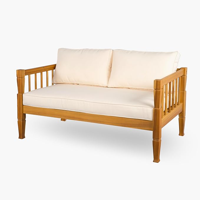 Scott Living Darla 4 Seater Conversation Set, Acacia Wood Loveseat and Club Chairs, Sofa Set with Cushion, Retangular Slats Coffee Table, 4 Piece Outdoor Rustic Acacia Wood Seating Set, Teak+Beige