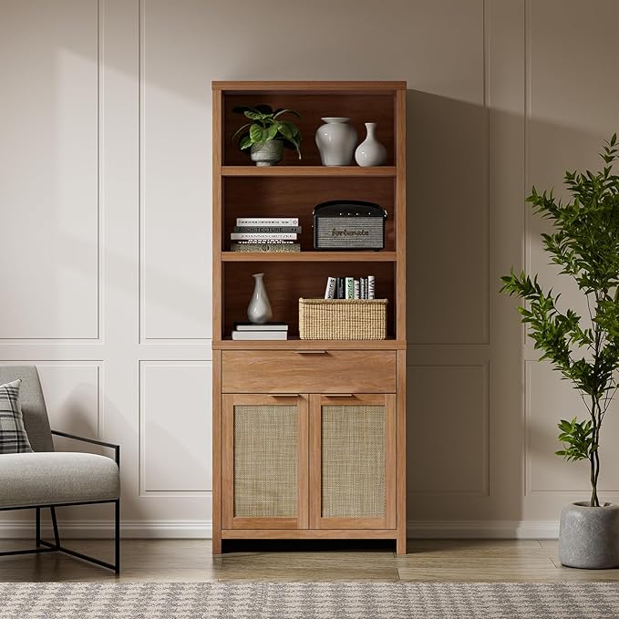 Hampstead Bookcase, Rattan Bookcase with Doors Cabinet and Drawer, 5-Tier Bookshelf, Large Wooden Book Case, Tall Bookshelves for Library Living Room (Weathered Oak, 1 Piece)