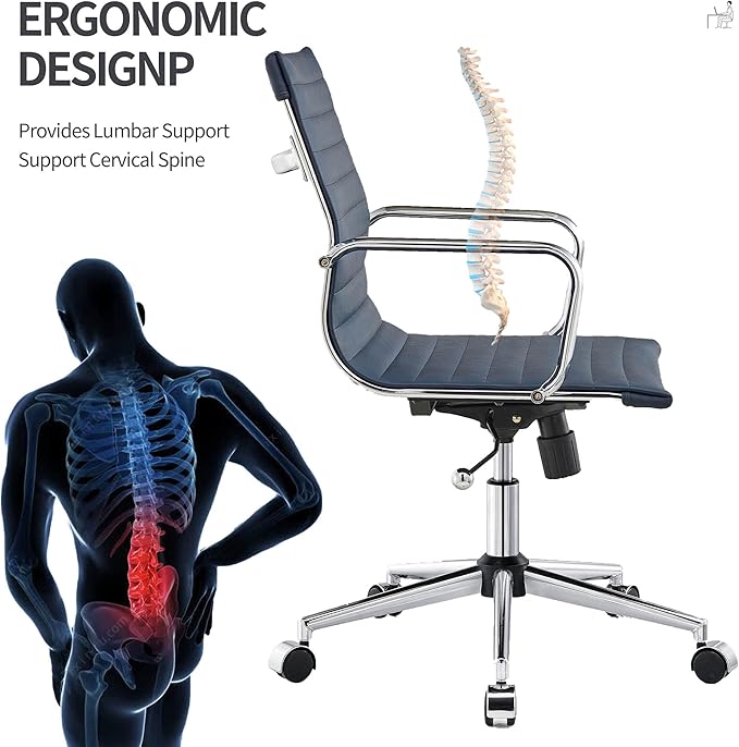 Office Desk Chair,Modern Conference Room Task Chairs,Leather Computer Swivel Excutive Ribbed Ergonomic Rolling Chair for Home Office Desk Chair （Navy）
