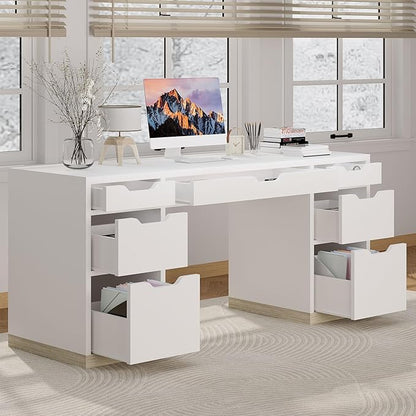 White Desk with 7 Drawers, 54 Inch Executive Desk with Drawers for Bedroom, Home Office Desk with Cabinet for Work Writing Study, Small Spaces