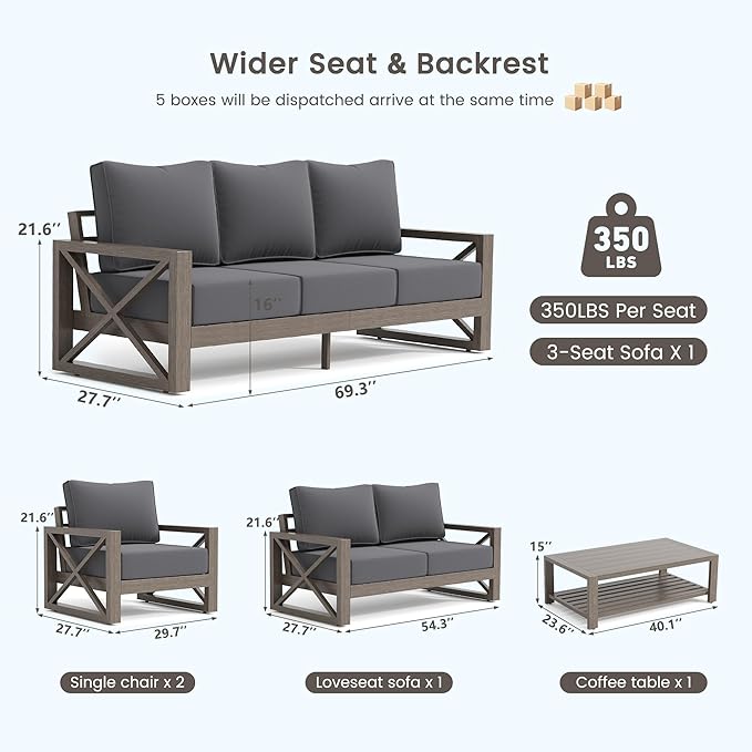 UDPATIO 5 Piece Aluminum Patio Furniture Set Faux Wood Grain Modern Outdoor Furniture Set with 6" Olefin Fabric Cushions and Coffee Table, 600D Waterproof Cover Included, Dark Grey