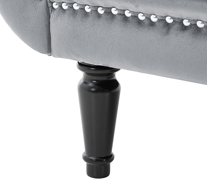 Christopher Knight Home Aurora Velvet Chaise Lounge Indoor with 2 Bolster Pillows, Upholstery Entryway Bench with Nailhead Trim & Curved Arms, End of Bed Bench Ottoman and Wooden Legs, Grey