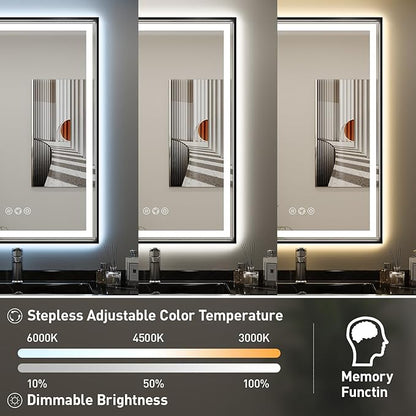 LED Bathroom Mirror, 20x28 Inch Frontlit & Backlit Black Framed Lighted Mirror,Wall Mouted Vanity with Lights,Double Lights Strips,Anti Fog Stepless 3 Colors Temperature & Dimmable