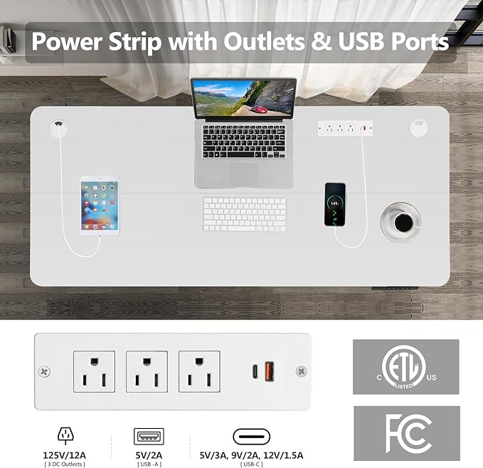 farexon 48 x 24 inch Standing Desk Electric Adjustable Height with Charging Station,USB Outlets, Stand up Desk with Ergonomic Workstation, 18mm Tabletop(White)