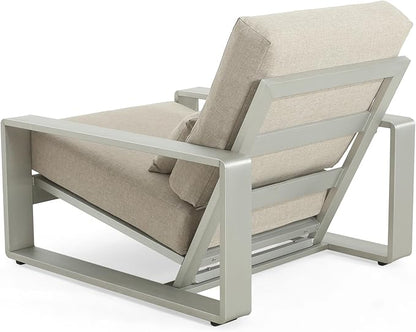 Christopher Knight Home Aspen Outdoor Aluminum Club Chair, Durable Aluminum Lounge Chair, Armchair with Cushions, Metal Accent Chair, Tilt Backrest Recliner for Backyard, Garden, Balcony, Silver+Beige