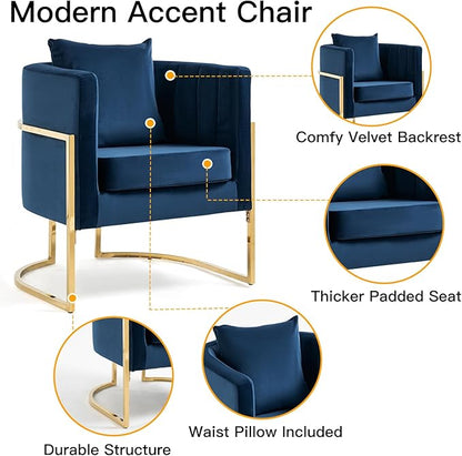 Velvet Accent Chairs Set of 2, Mid Century Modern Upholstered Armchair with Pillow for Living Room, Comfy Barrel Single Vanity Chair with Metal Gold Legs for Bedroom, Blue