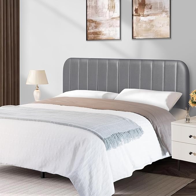 Upholstered Headboard - Striped Interval - Adjustable Height - Metal Legs - Bed Frame (Grey, Queen (U.S. Standard))