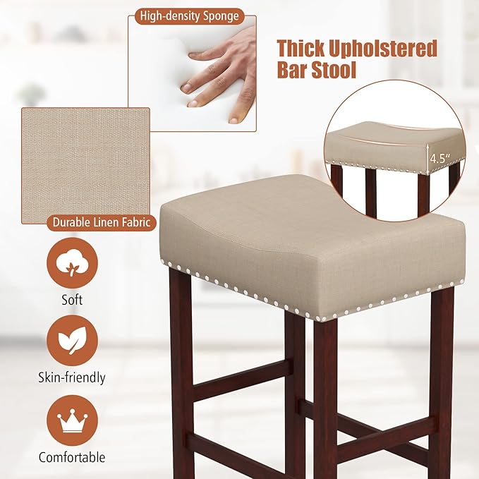 COSTWAY Counter Height Bar Stools Set of 2, 29.5-inch Backless Saddle Stools with Nailhead Trim, Footrest, Max Load 330 Lbs, Upholstered Barstools for Kitchen Island Pub, Beige