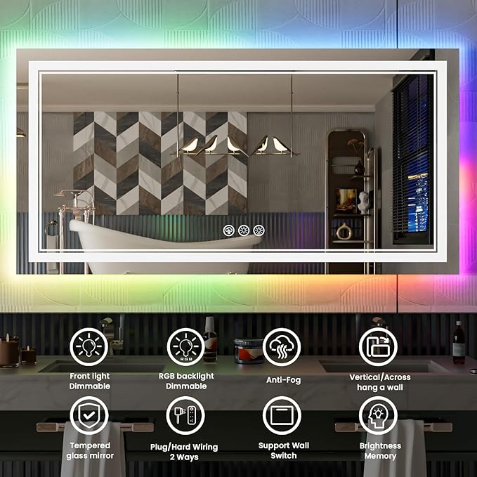 84x32 Inch LED Bathroom Mirror with Lights, Color Changing RGB Backlit Mirror,Large Lighted Vanity Mirrors for Bathroom Wall, Dimmable, Anti-Fog (RGB Backlit+Front-Lit)