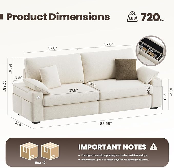89" Loveseat Sofa, Cloud Foam Couch, 3 Seater Upholstered Midcentury Mondern Love Seat with USB Type C Ports, 4 Pillows and Flip-Open Storage Armrest for Living Room/Small Spaces, Beige